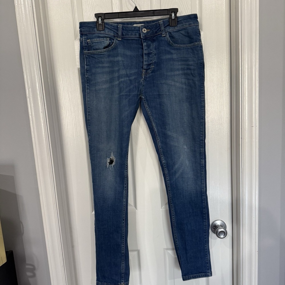 Topman Jeans Men's Size 34R X 31 Blue Stretch Skinny Denim Distressed‎ Adult